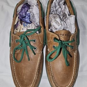 Sperry Men's Brown Boat Shoes with Green Laces